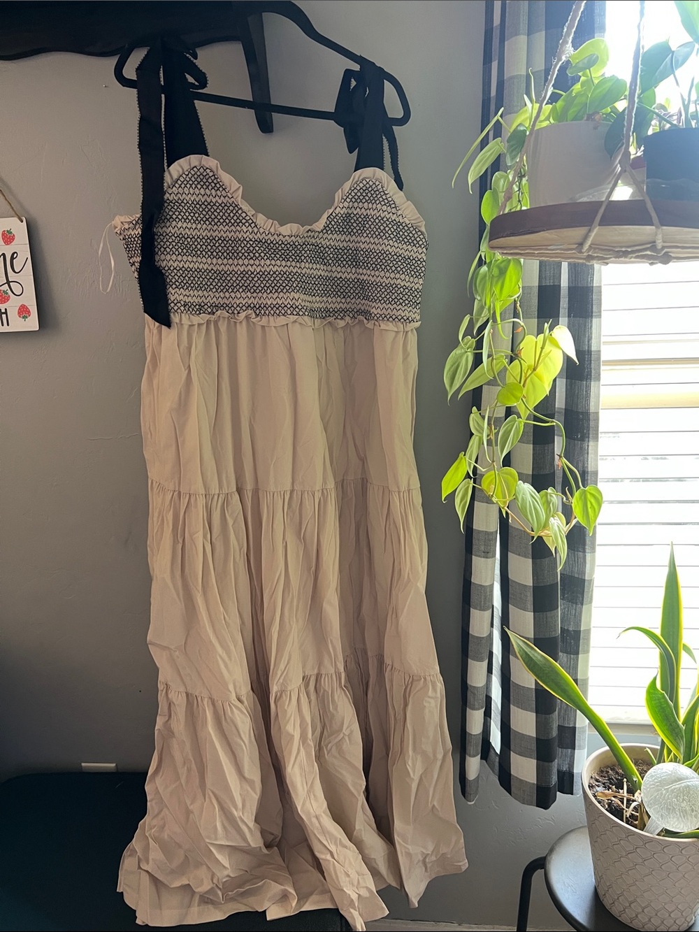 DAVI & DANI Cream Maxi Dress with Black Tie Straps